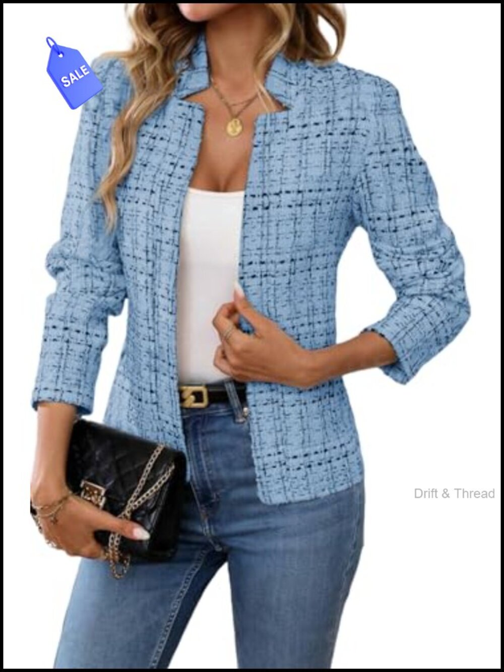 Women's Tweed Open Front Blazer Long Sleeve Notch Collar Business Casual